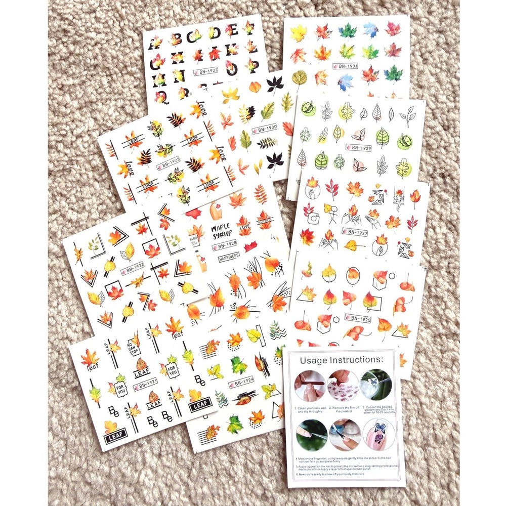 10 Sheets Fall Autumn Leaves Nail Art Decals